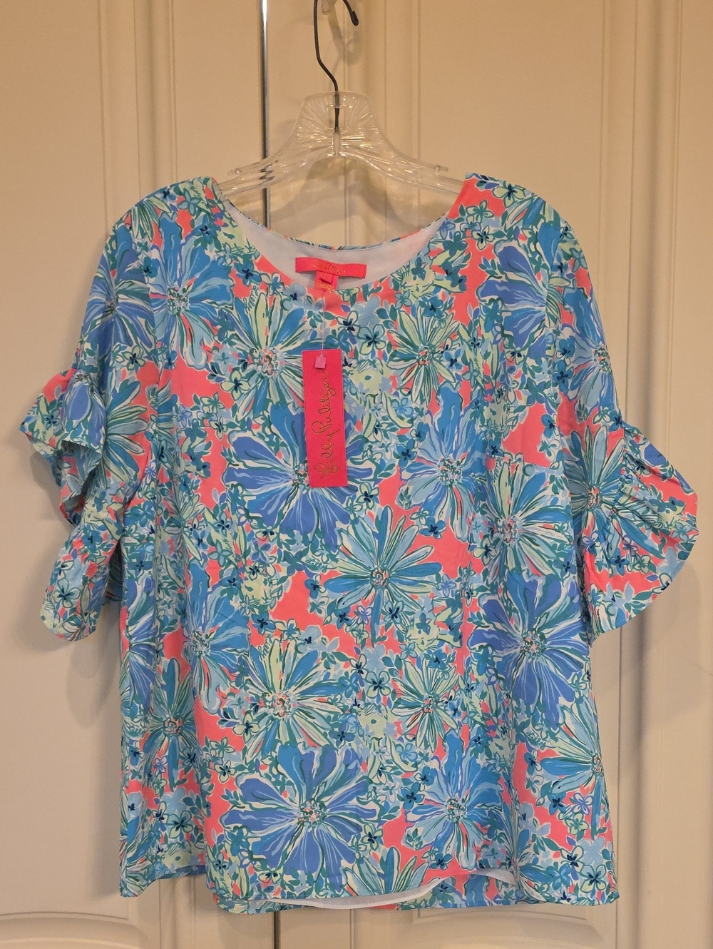Lilly Pulitzer Coral Pink & Blue/Green Floral Ruffle Sleeve Blouse